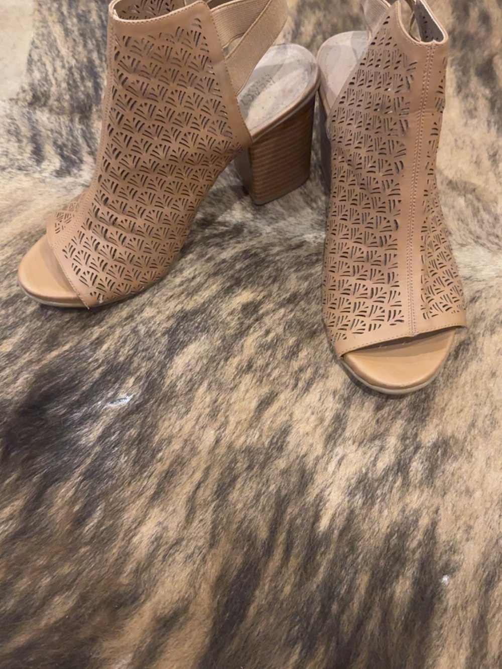 Kenneth Cole Tan Laser-Cut Peep-Toe Block Heel Booties